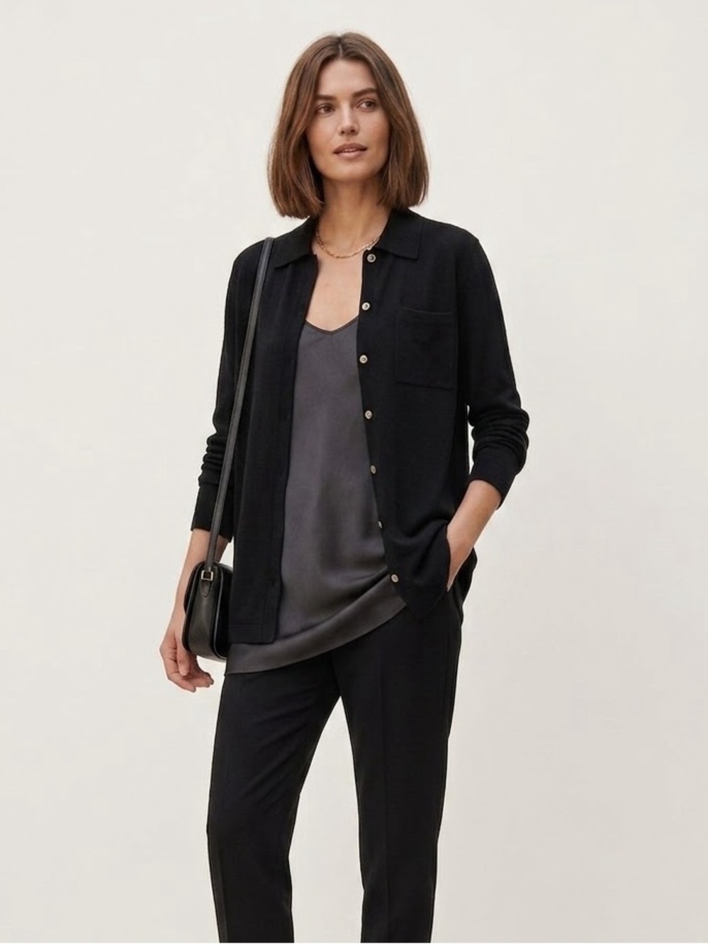 Valerie Stevens Sport Black Silk Cashmere Blend Collared Cardigan Sweater Medium